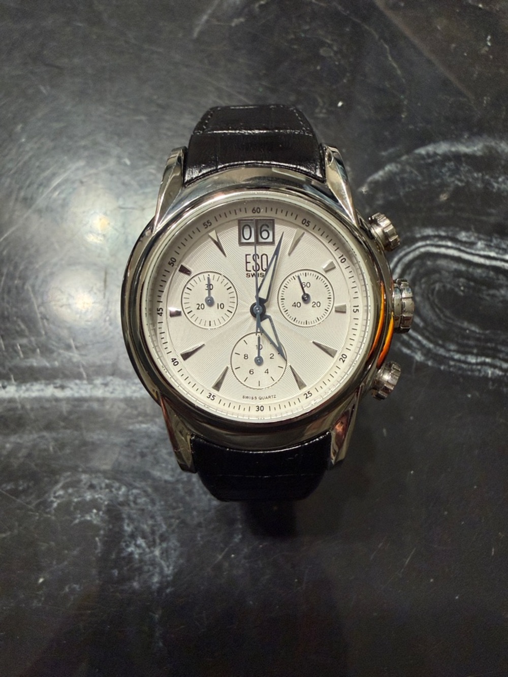 ESQ Swiss Men’s Silver Chronograph Watch with Black Leather Strap